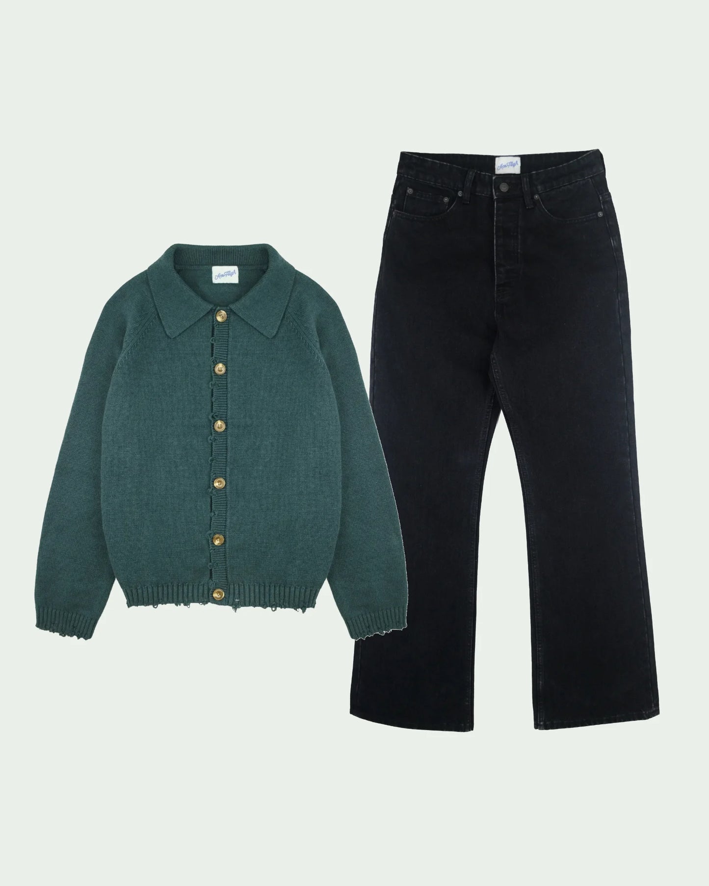 SPADE FLARE JEANS + FRAY CARDIGAN