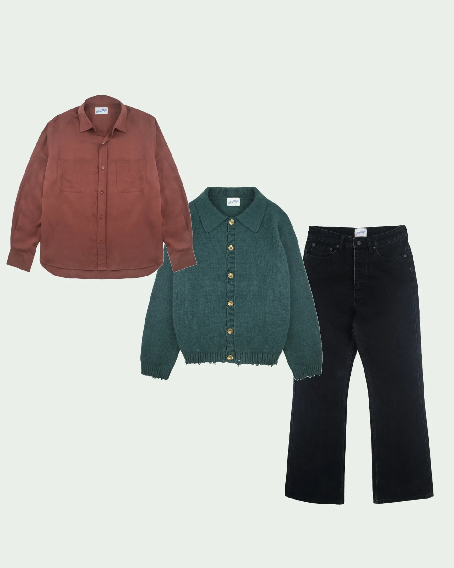 SPADE FLARE JEANS + FRAY CARDIGAN + TENCEL DINER SHIRT