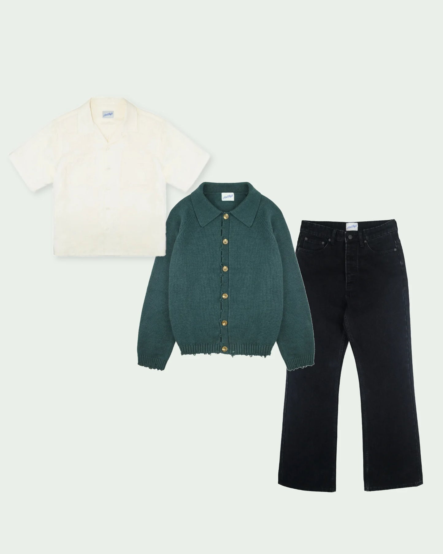 SPADE FLARE JEANS + FRAY CARDIGAN + RIPPLE CAMP SHIRT
