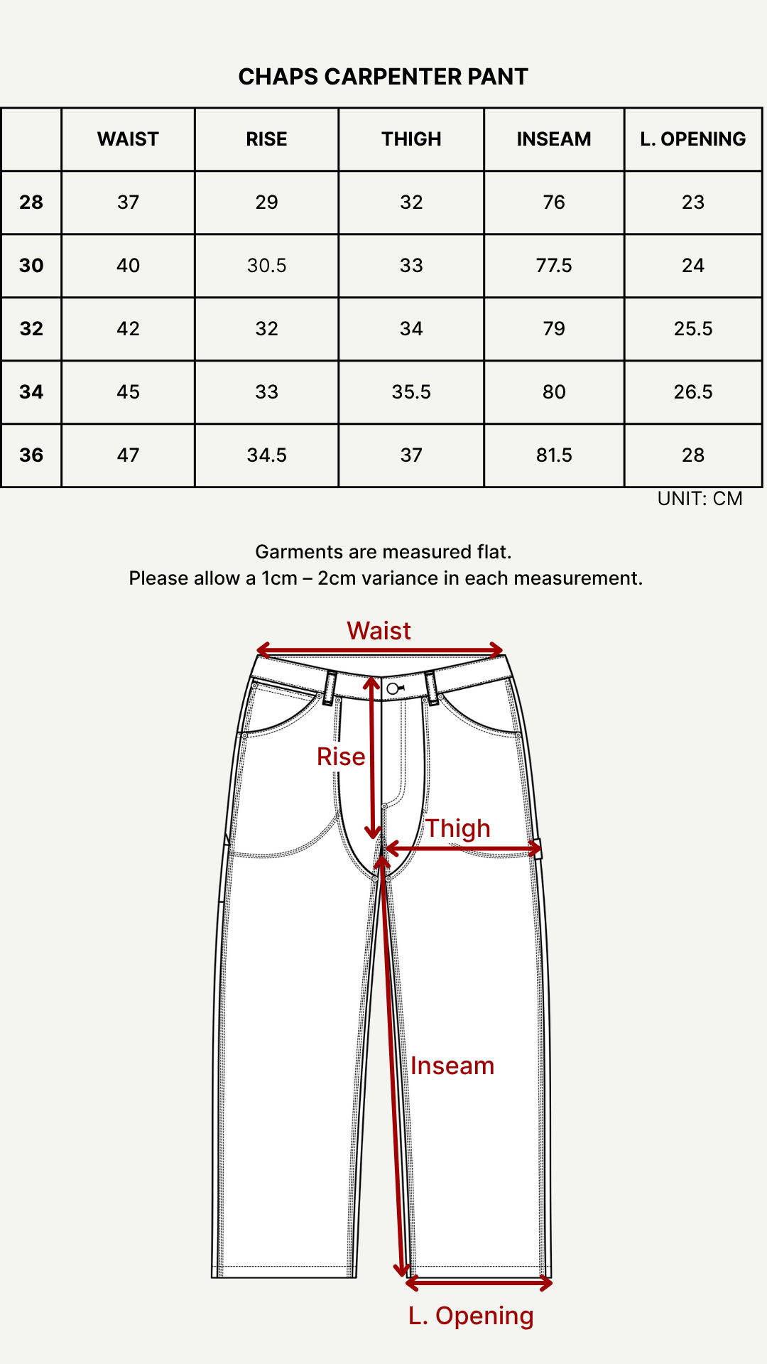 Size chart (cm)