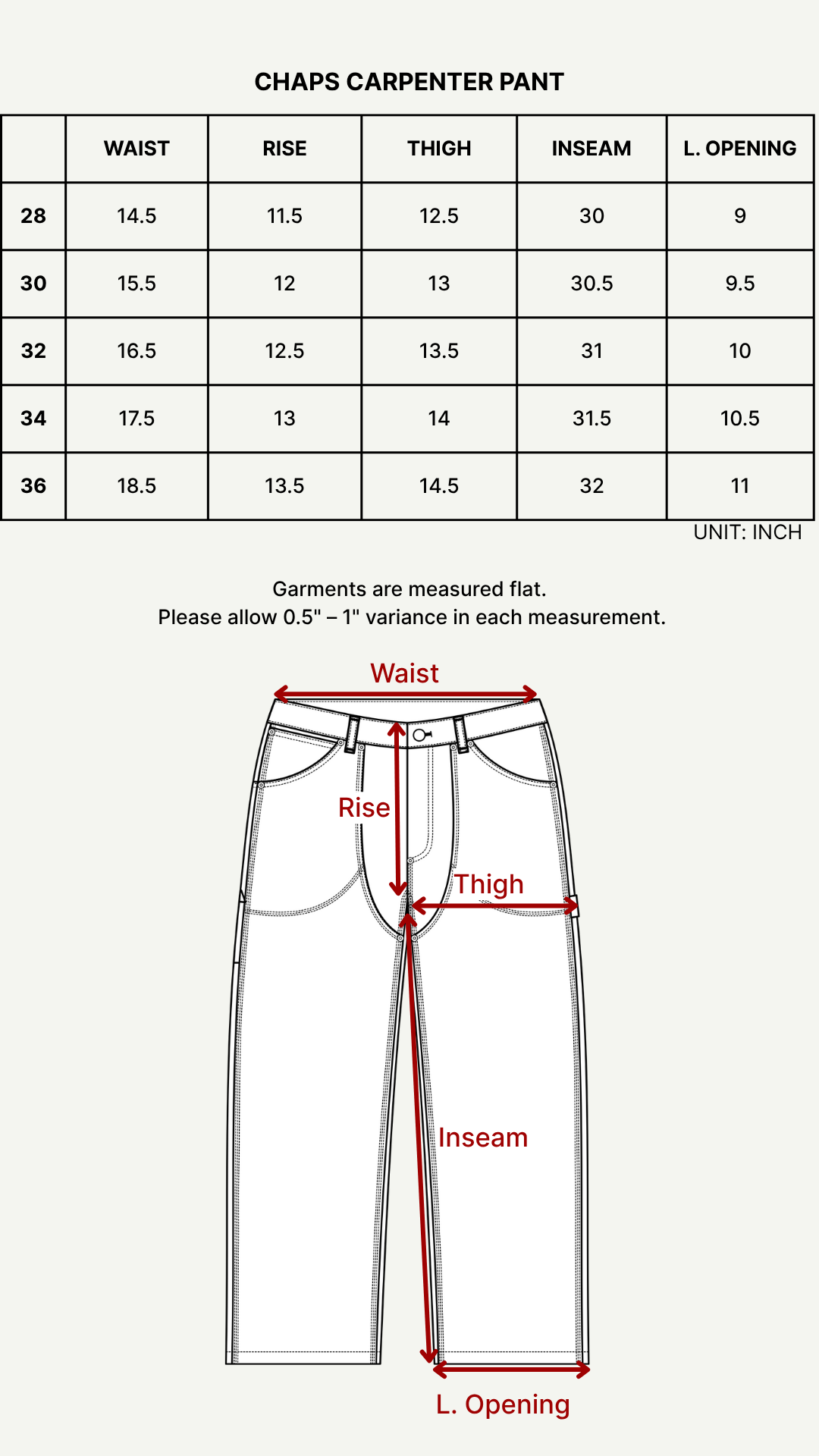Size chart (inches)