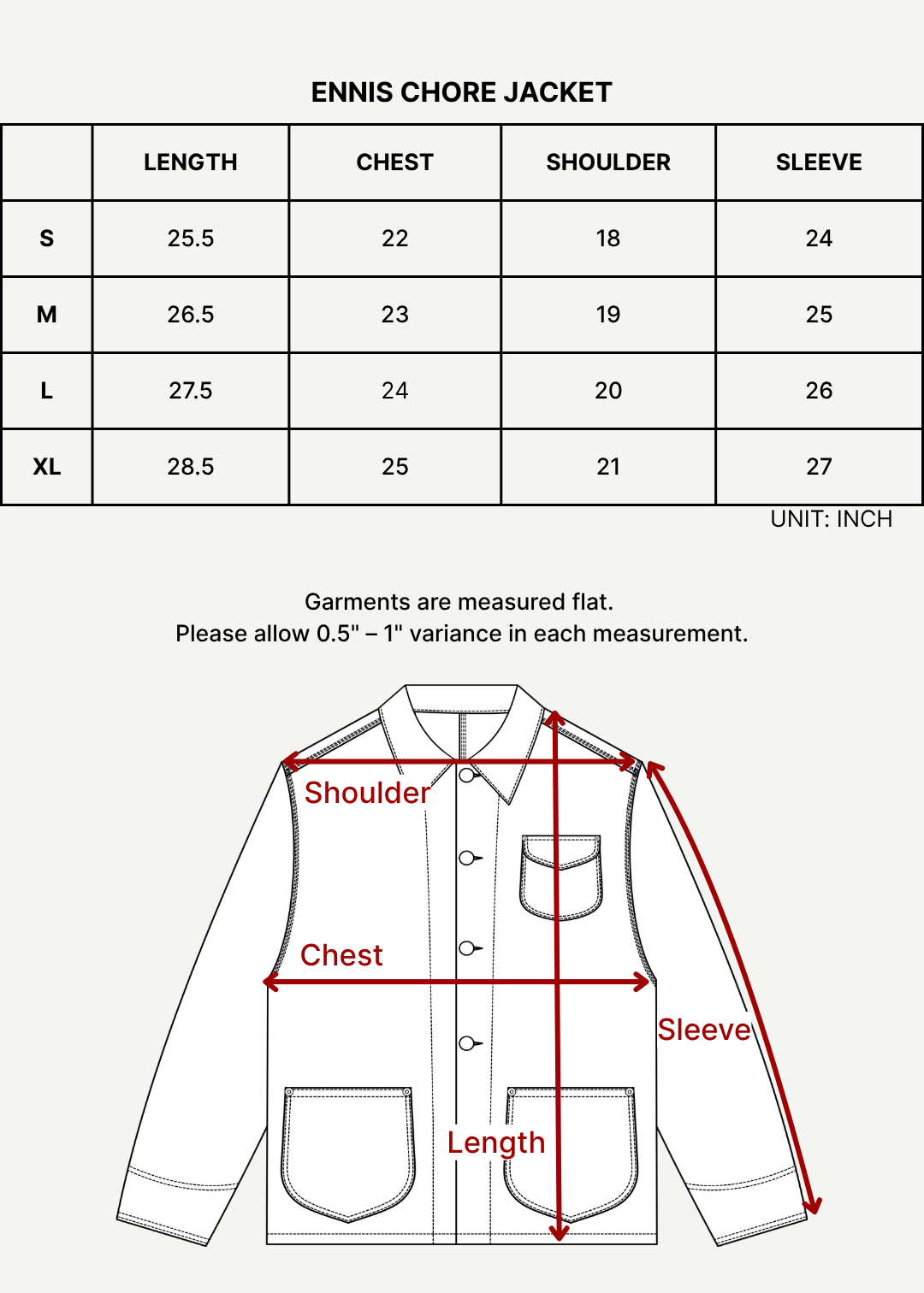 Size chart (inches)