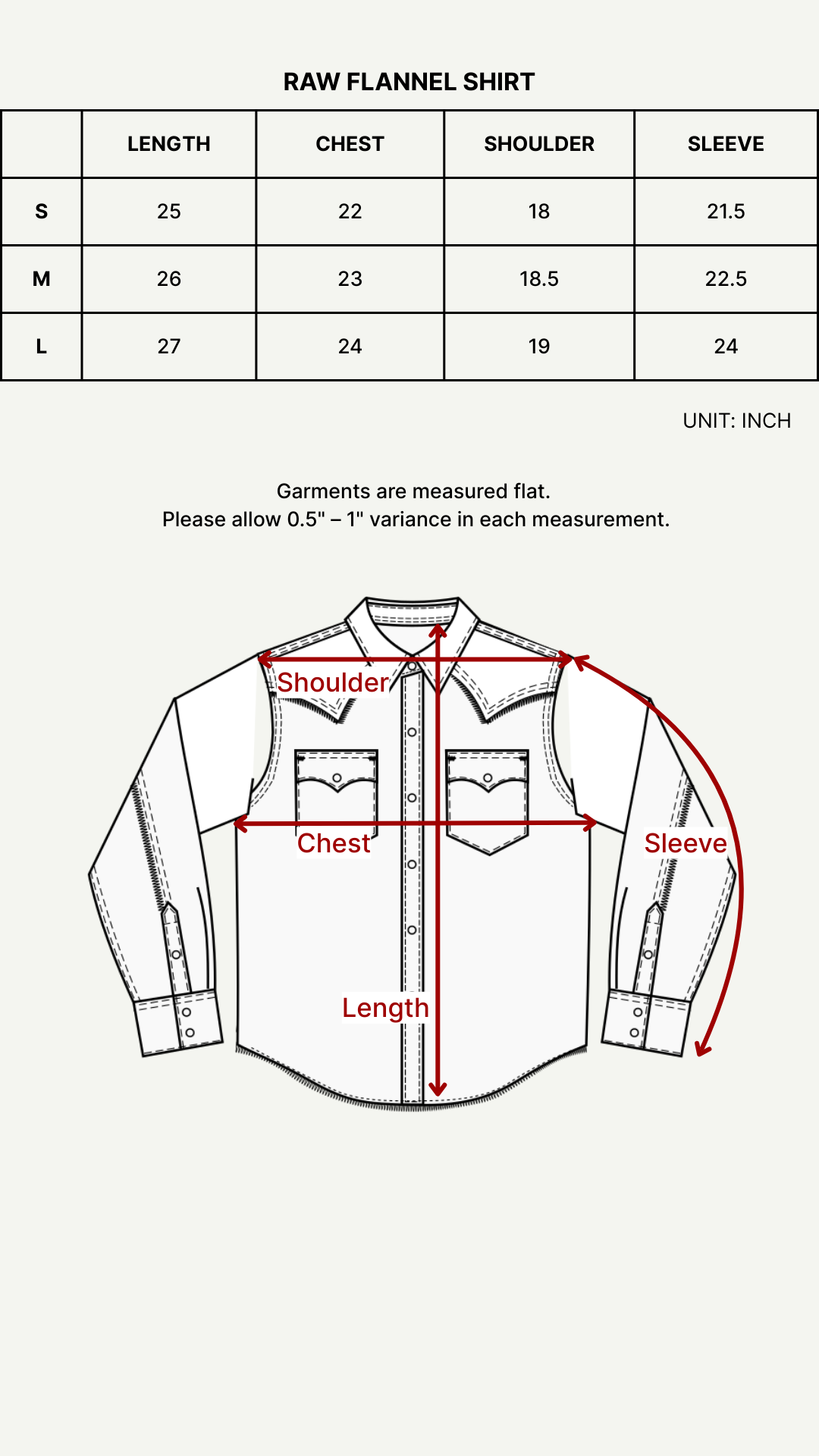 Size chart (inches)