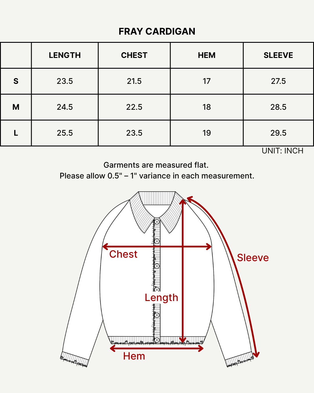 Size chart (inches)