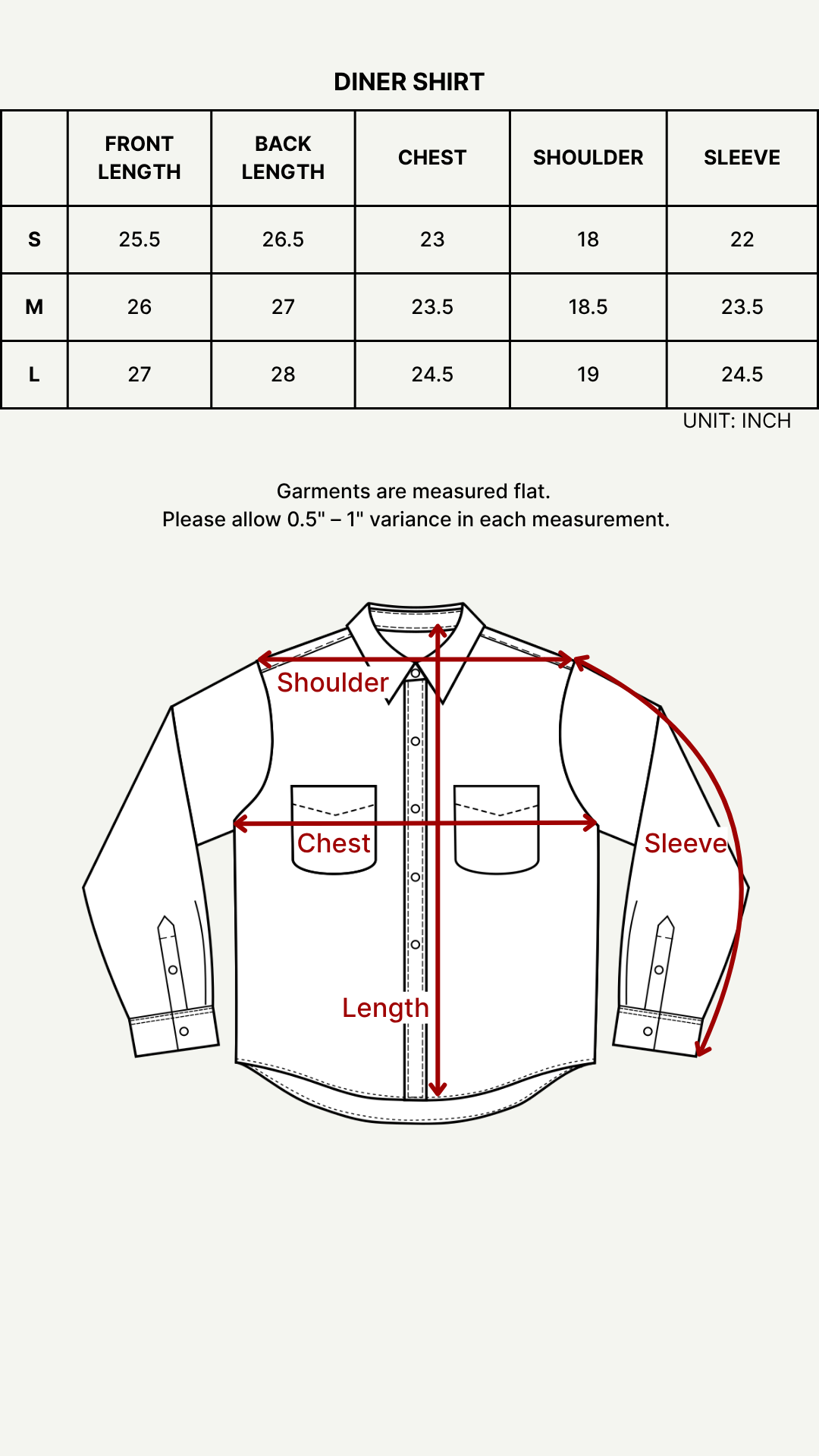 Size chart (inches)