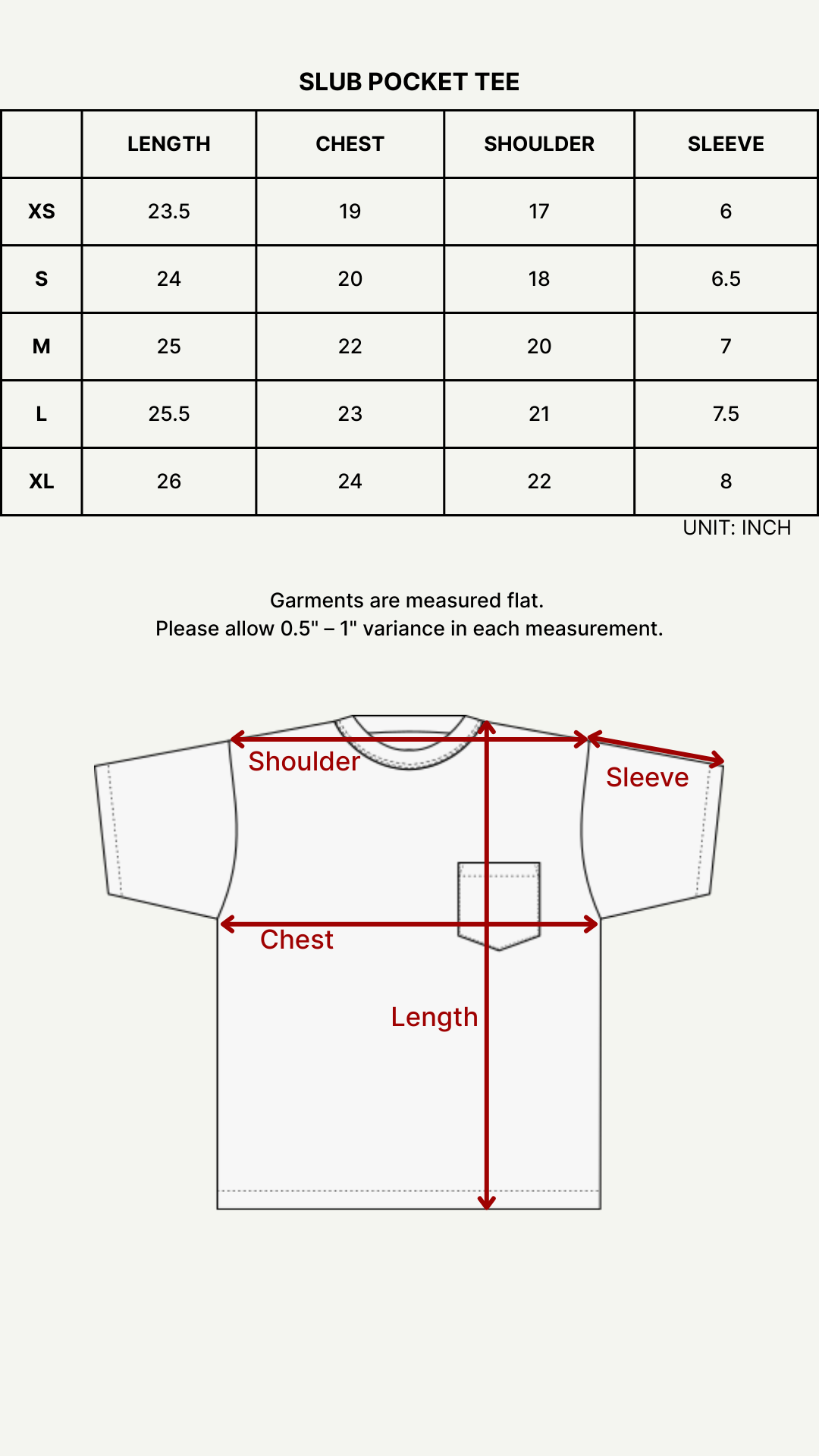 Size chart (inches)