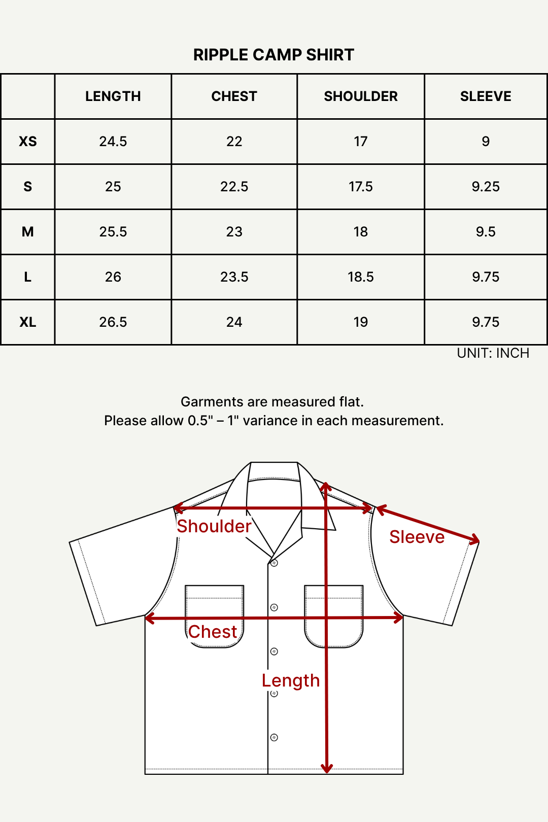 Size chart (inches)