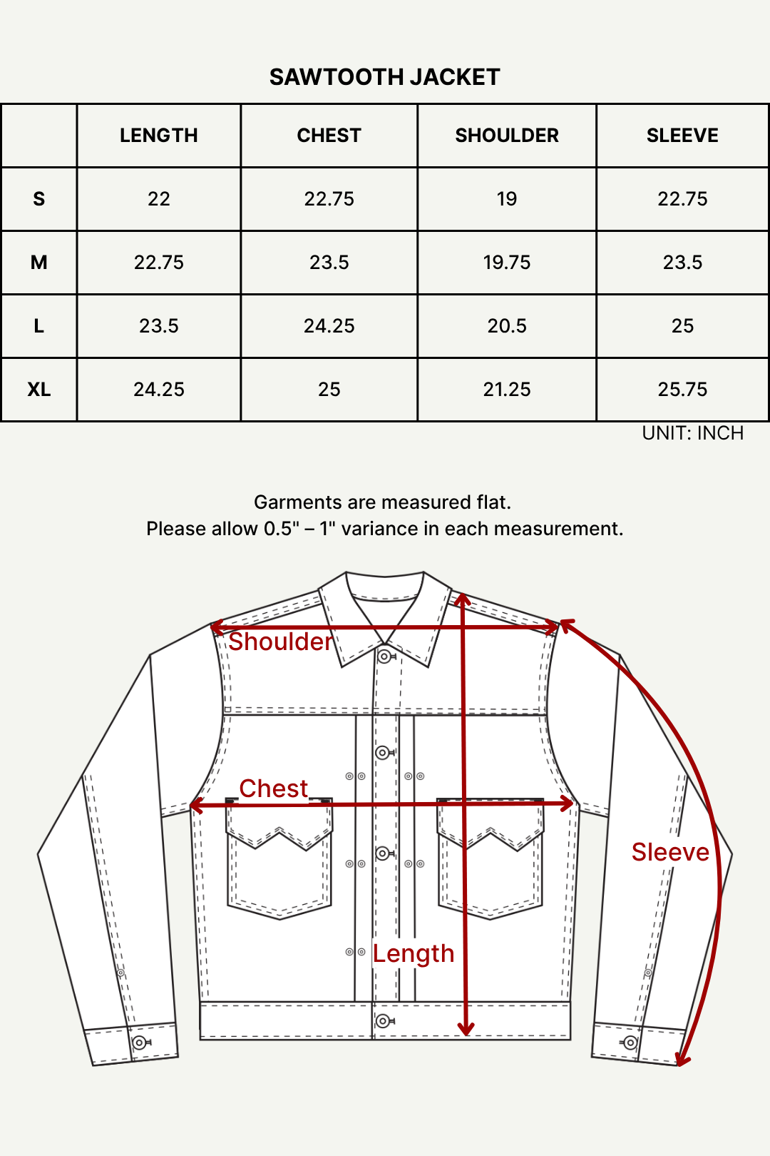 Size chart (inches)