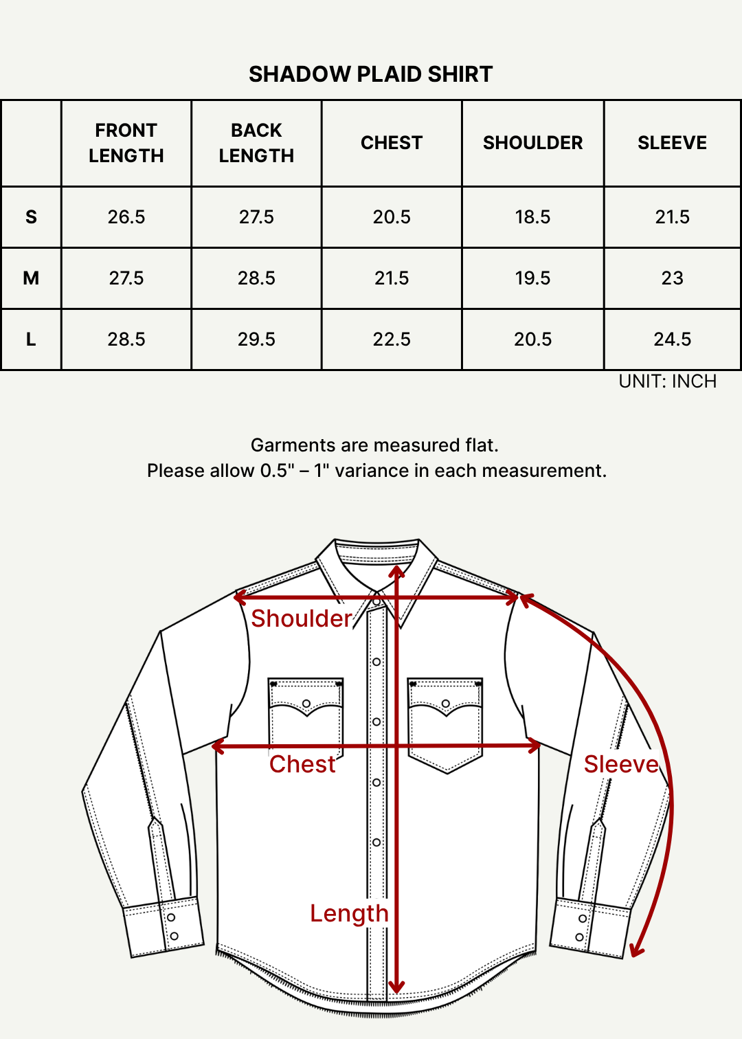 Size chart (inches)