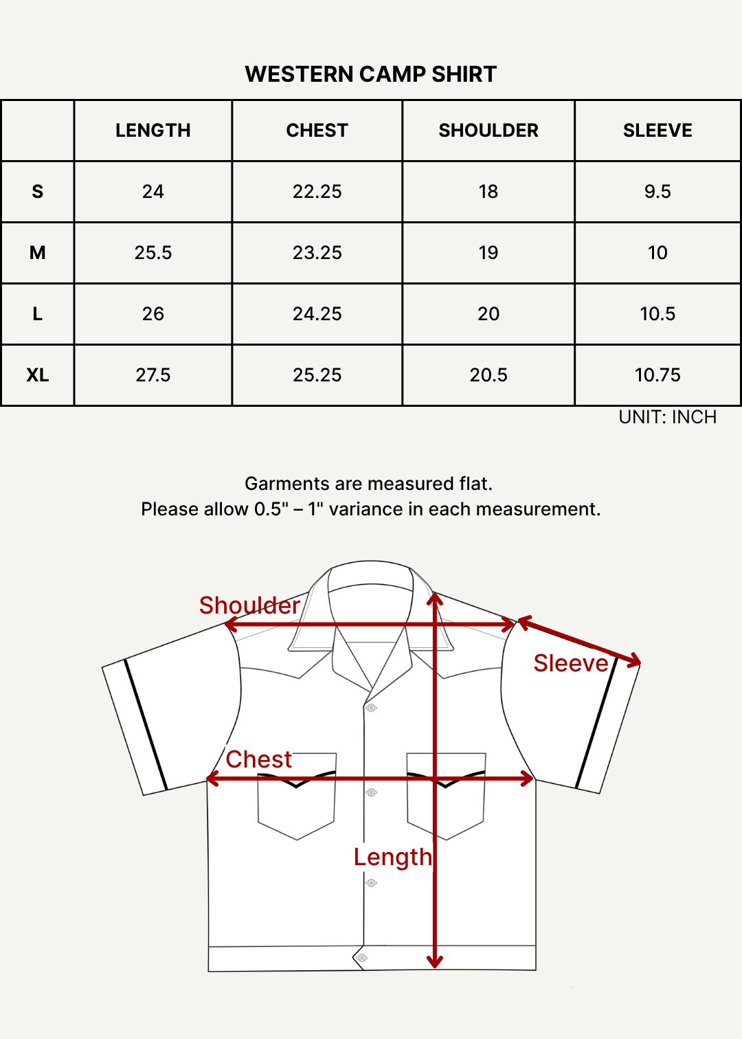 Size chart (inches)